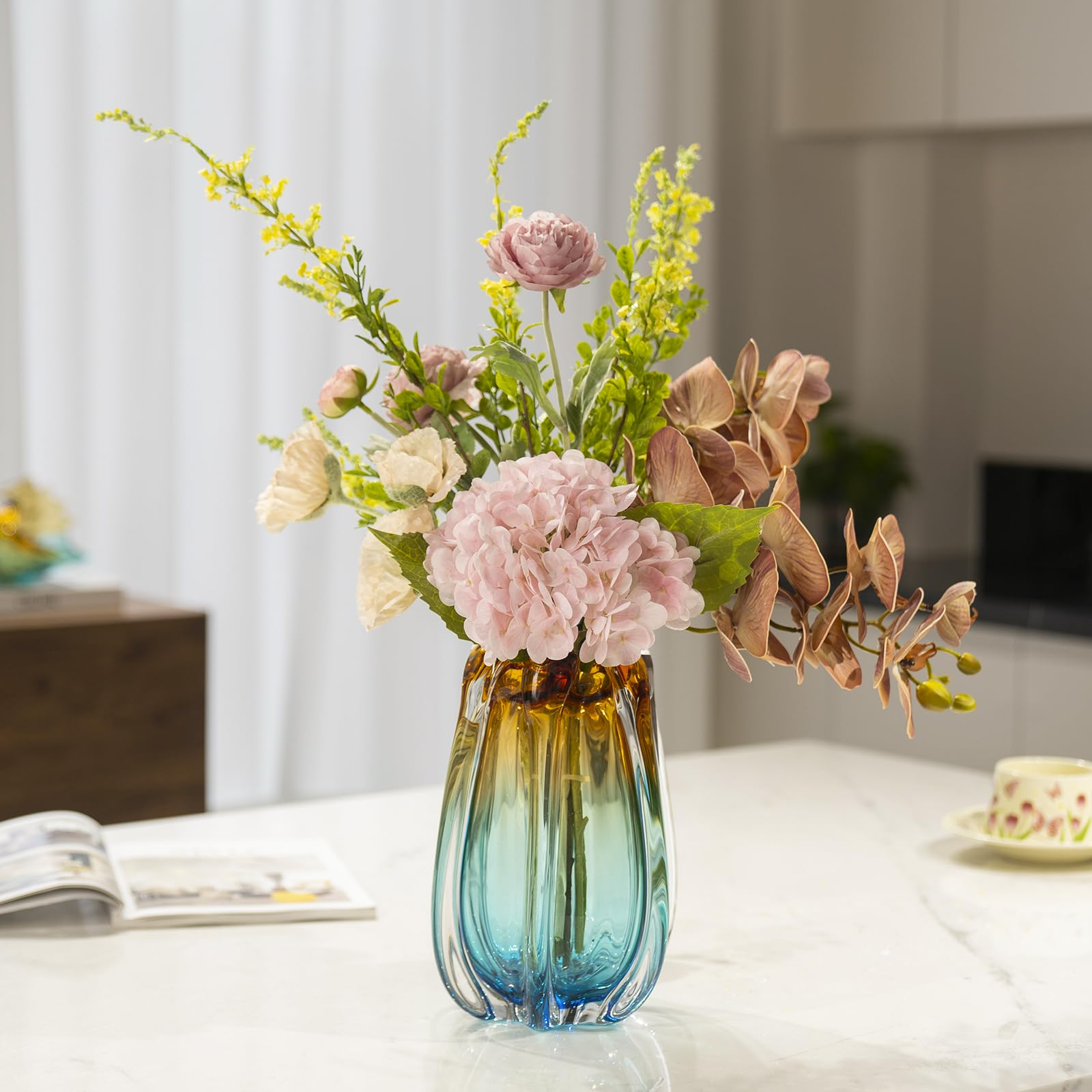 YACSNBF vase on bookshelf, adds colorful texture to displays.