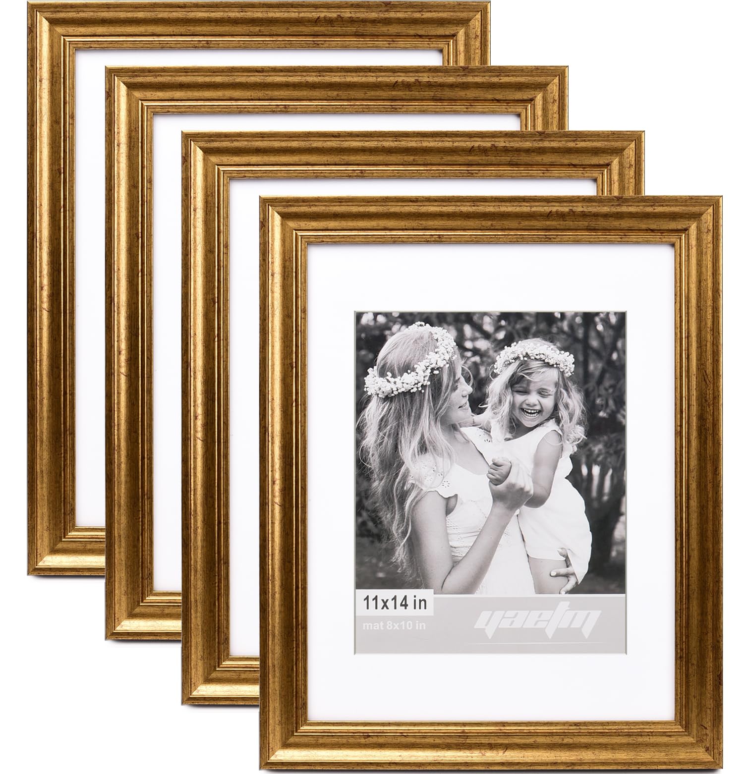 Yaetm 11x14 gold frame with mat surrounds an 8x10 photo for wall display.