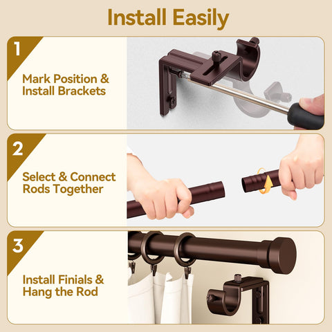 Yafex curtain rod kit enables quick, tool-free installation.