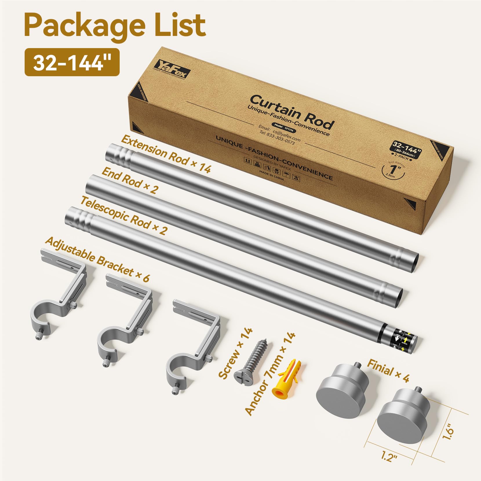 YaFex curtain rods kit includes brackets, anchors, screws for quick setup.