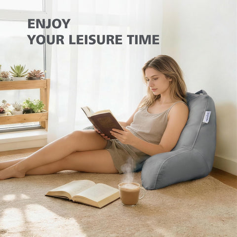 Yagamo reading pillow in gray fabric adds neutral style.