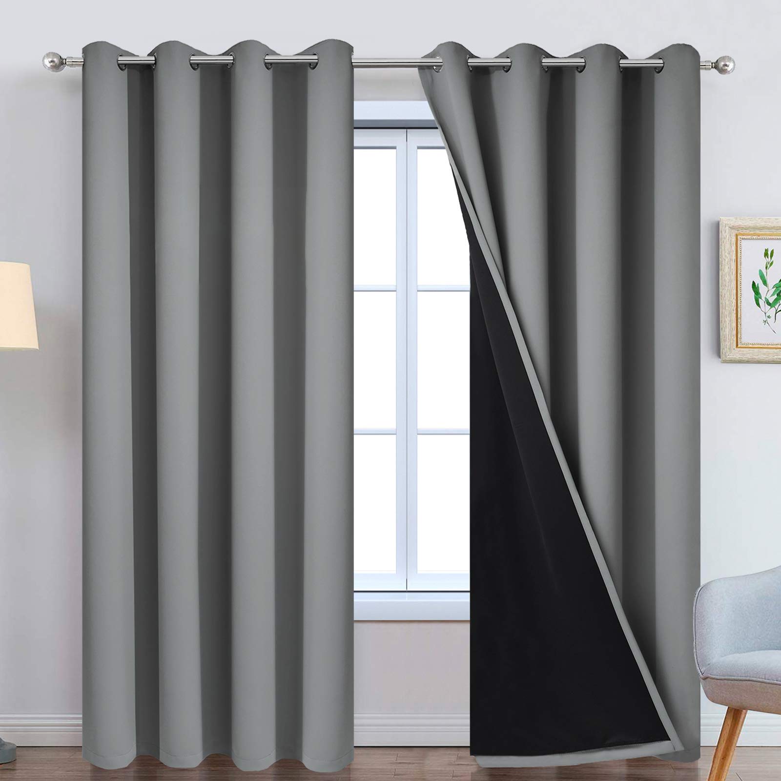 Yakamok blackout curtains 84in panel grey front view; enhances privacy and light control.