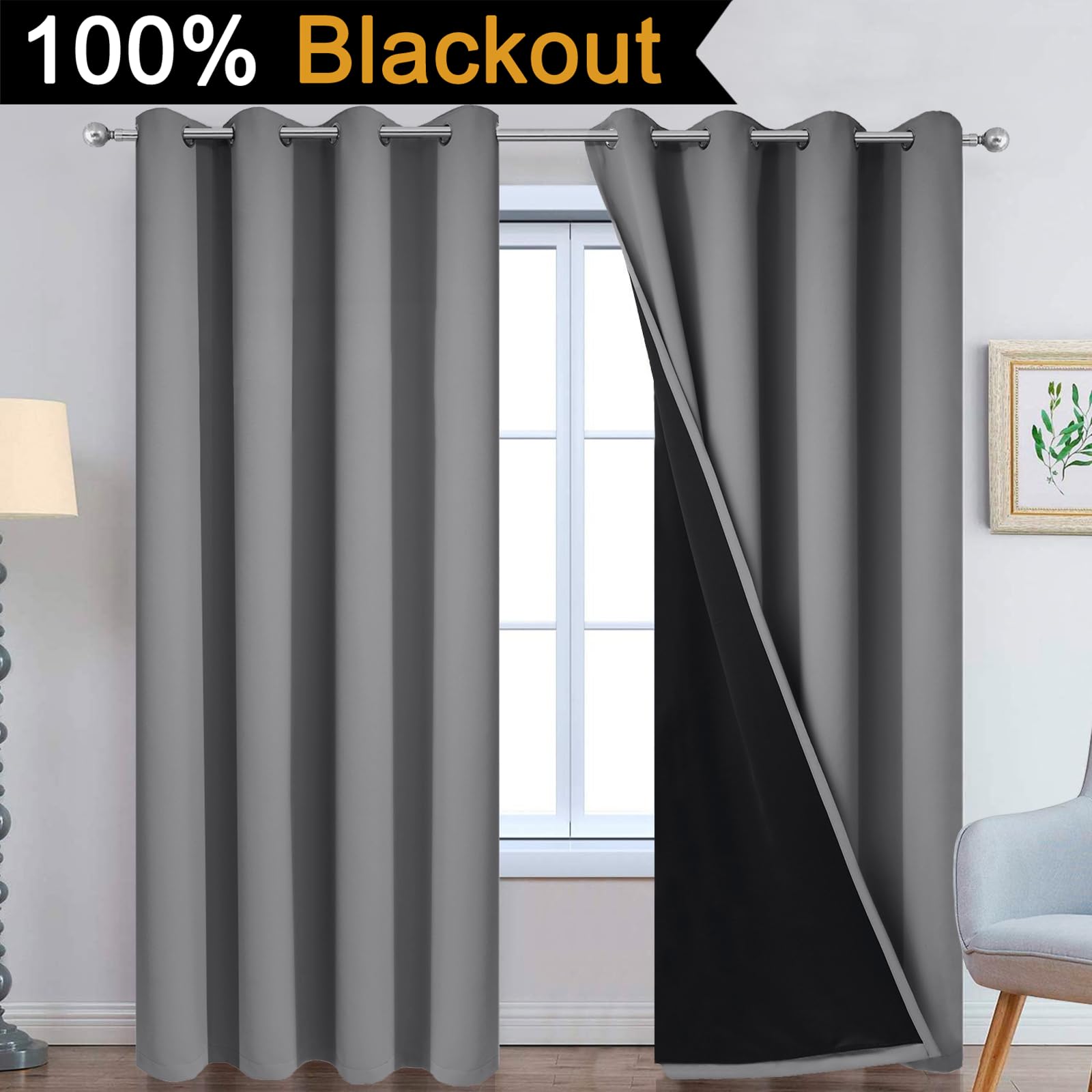 Yakamok blackout curtains 84in grey panel side view; smooth rod operation.