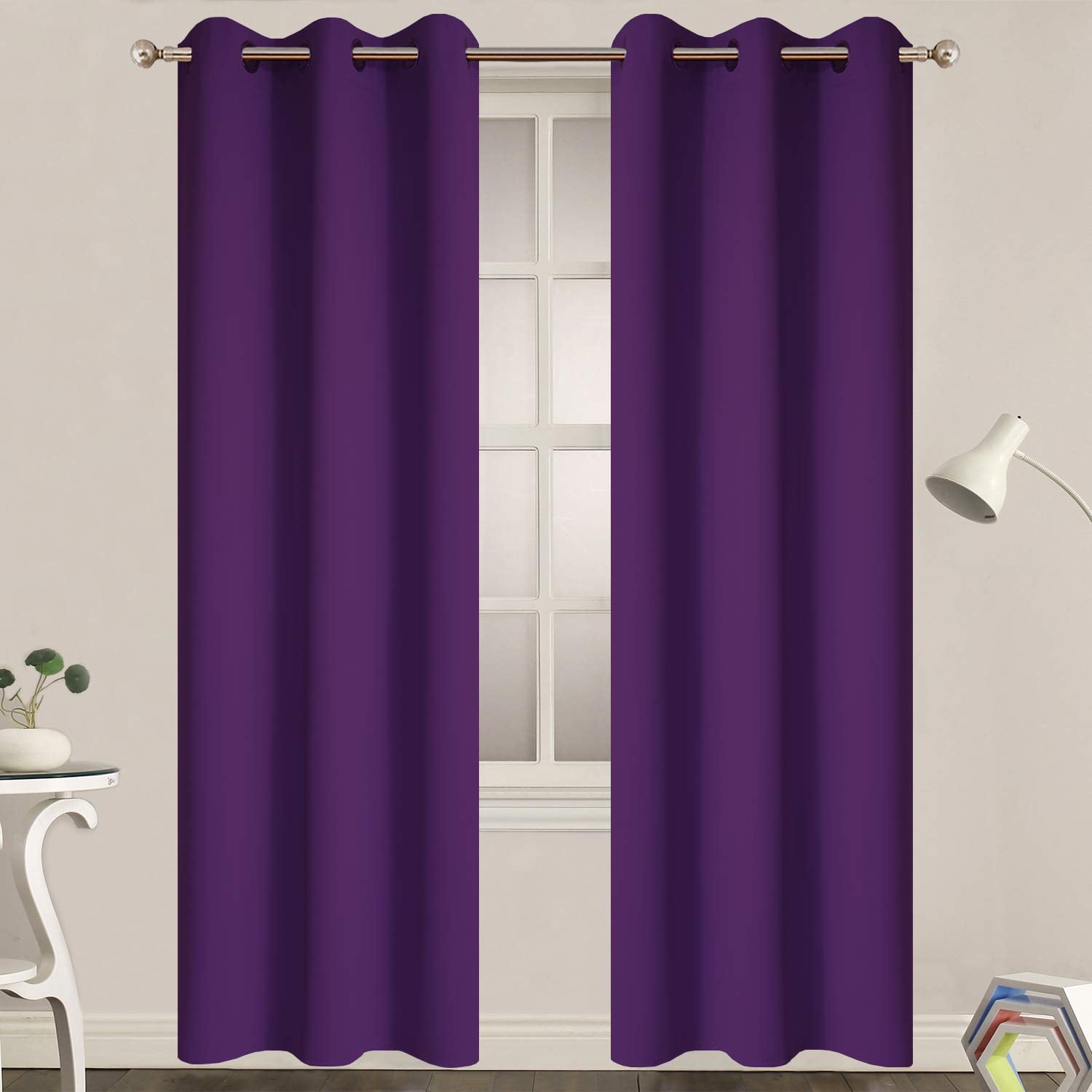 Yakamok purple blackout curtains, front view, help darken rooms for daytime rest.