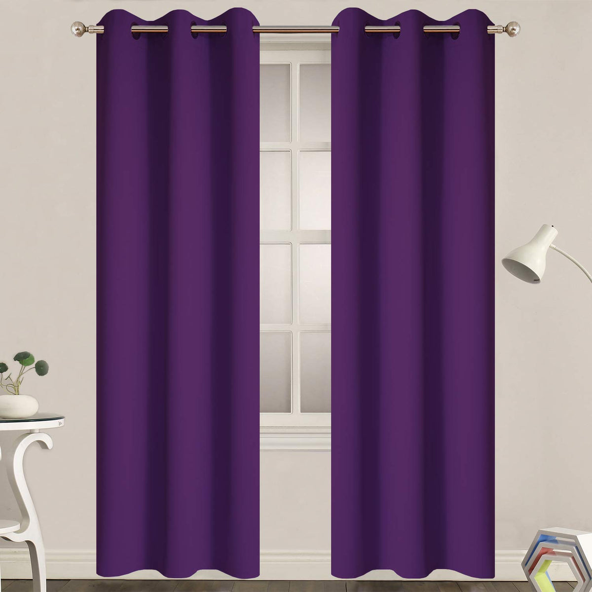 Yakamok purple blackout curtains, front view, help darken rooms for daytime rest.