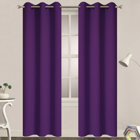 Yakamok purple blackout curtains, front view, help darken rooms for daytime rest.