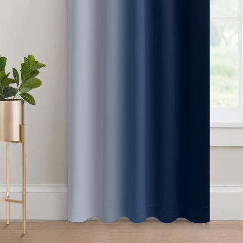 Yakamok ombre curtains in blue gradient close-up highlighting gradient detail.