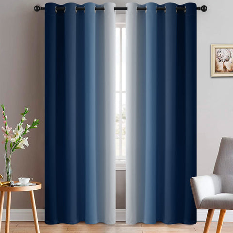 Yakamok blue-to-grey ombre curtains provide privacy and soft light control.