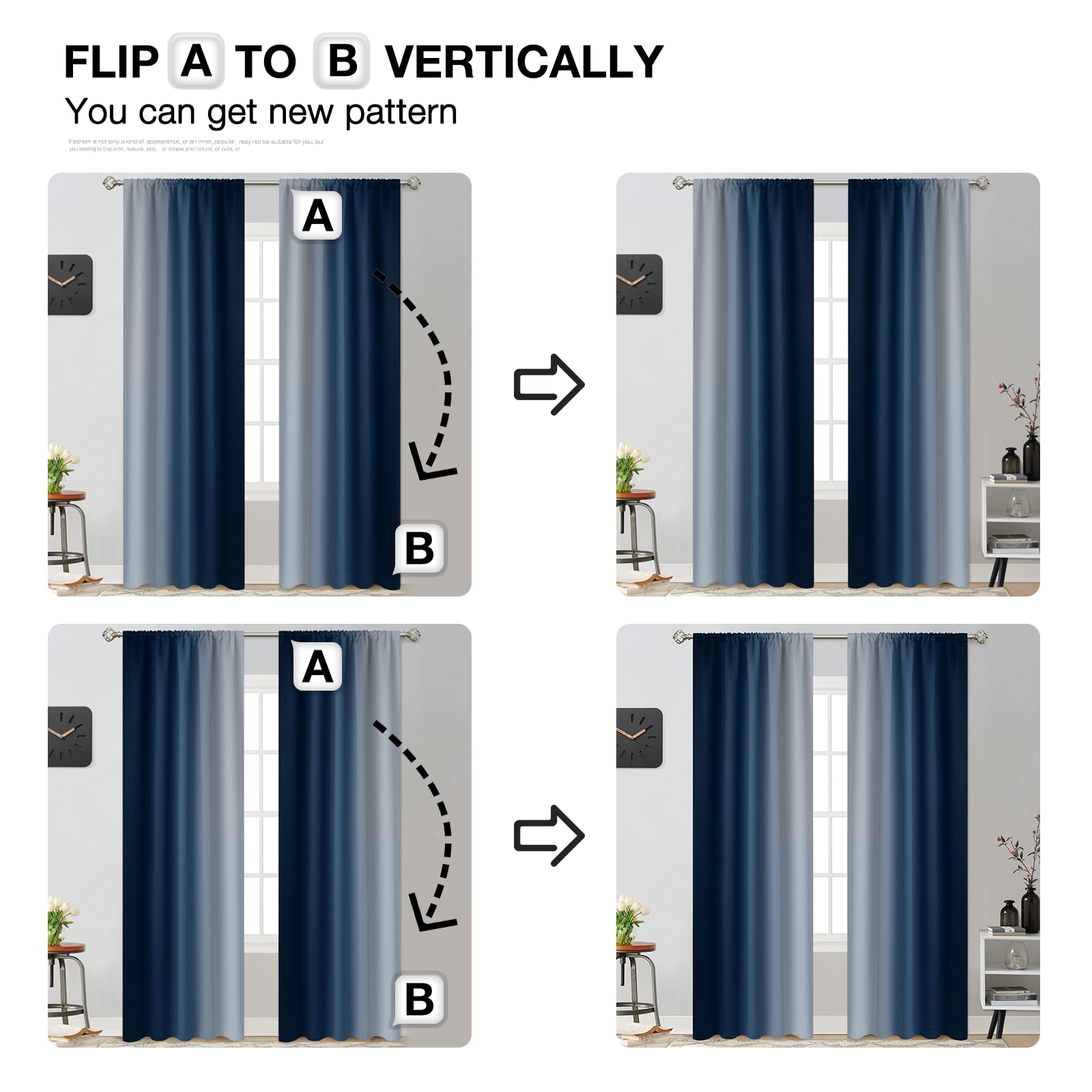 Yakamok ombre curtains rod-pocket top and bottom for versatile hanging options.