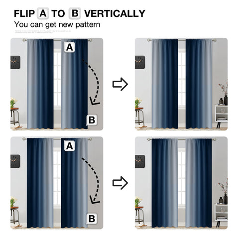 Yakamok ombre curtains rod-pocket top and bottom for versatile hanging options.