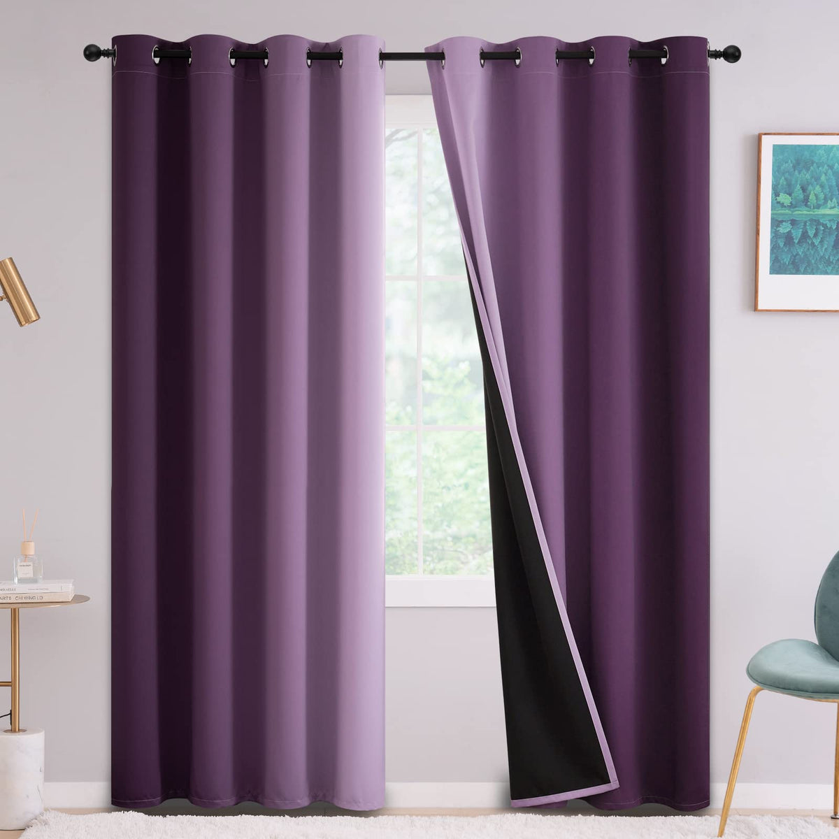 Yakamok purple gradient curtains set shown in a stylish bedroom for privacy and style