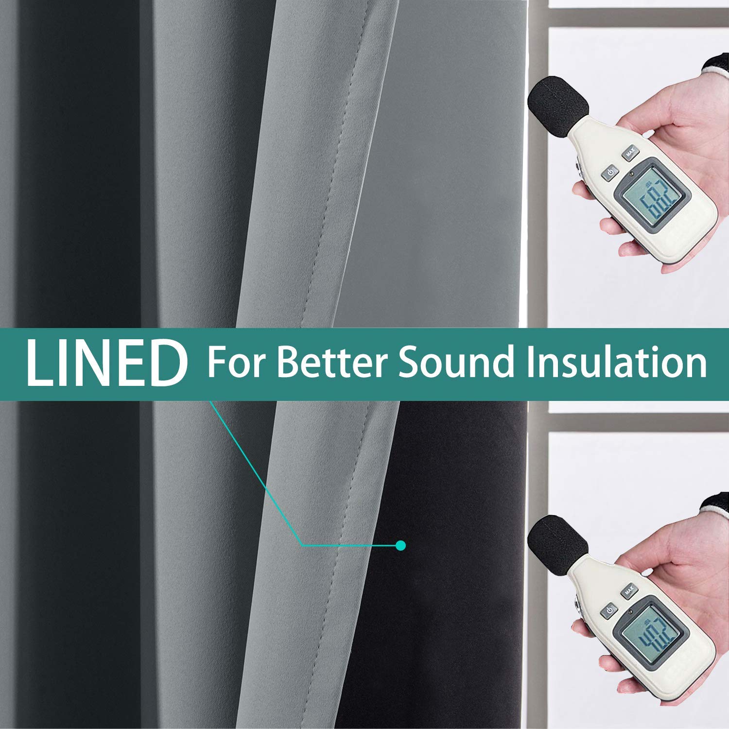 Yakamok sound-dampening grey curtains; reduces outside noise for quieter rooms.