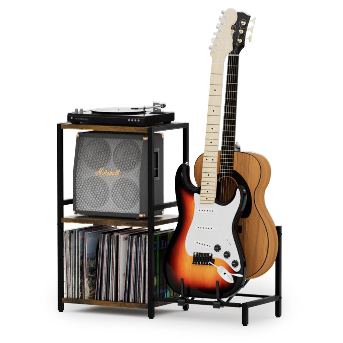 YAKANJ end table with guitar stand shows space-saving design for two guitars