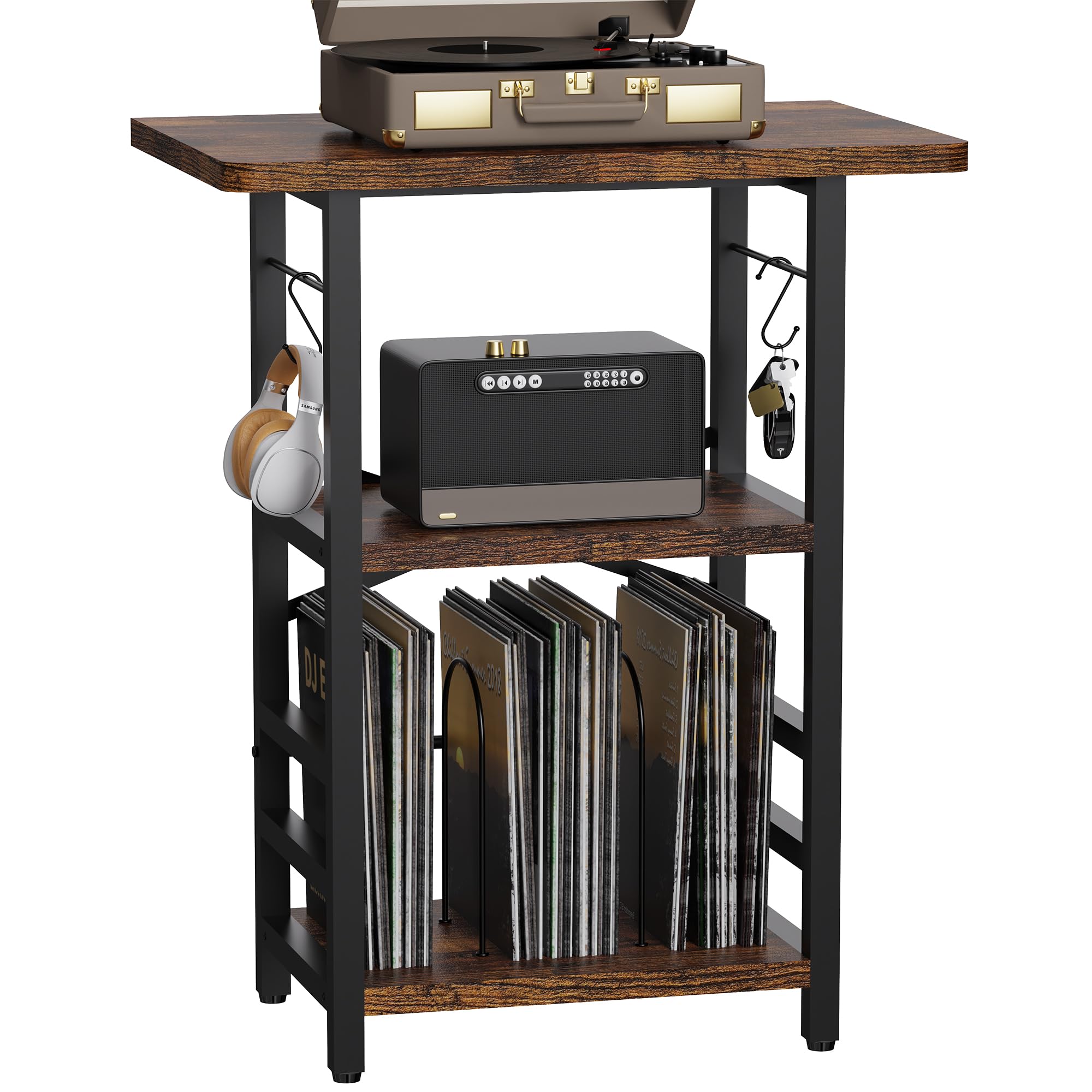 YAKANJ record player stand with extended desktop offers ample space for turntables and accessories.