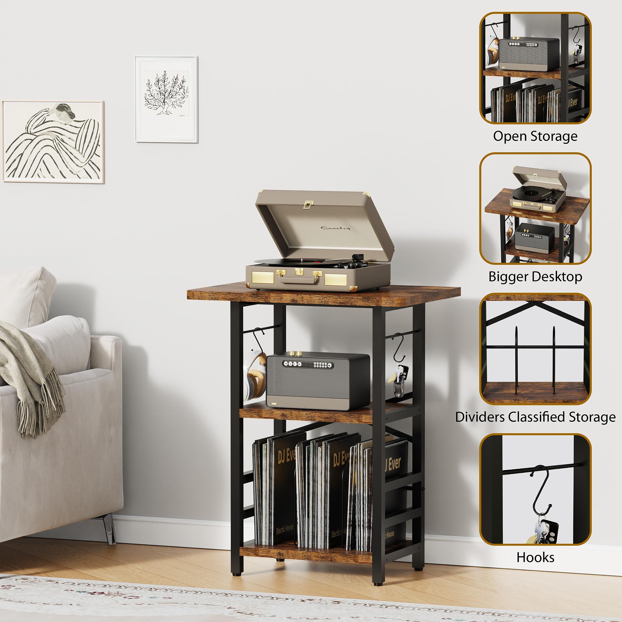 YAKANJ three-layer storage with dividers keeps your records neatly separated.