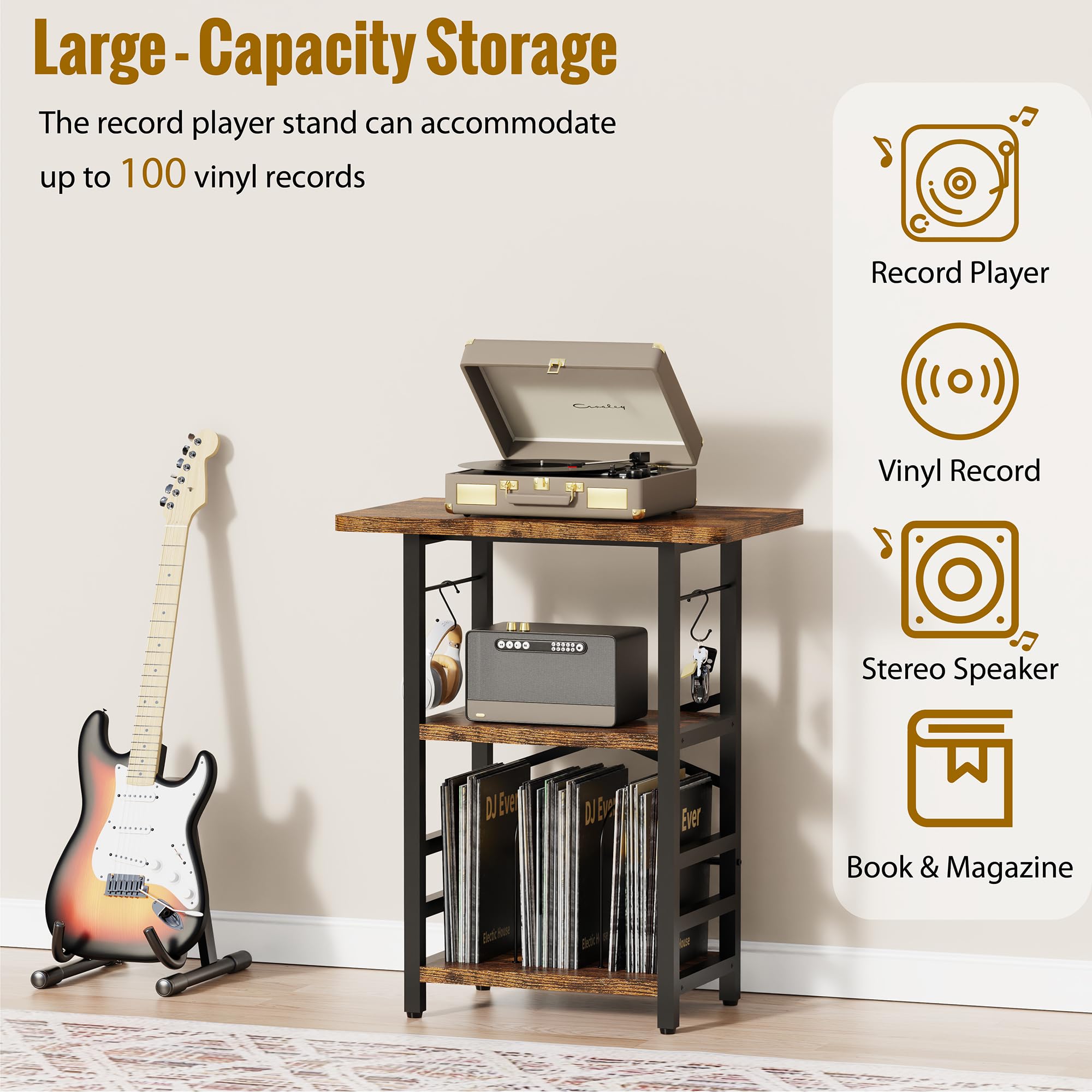YAKANJ vinyl storage shelf helps organize records for quick genre-based browsing.