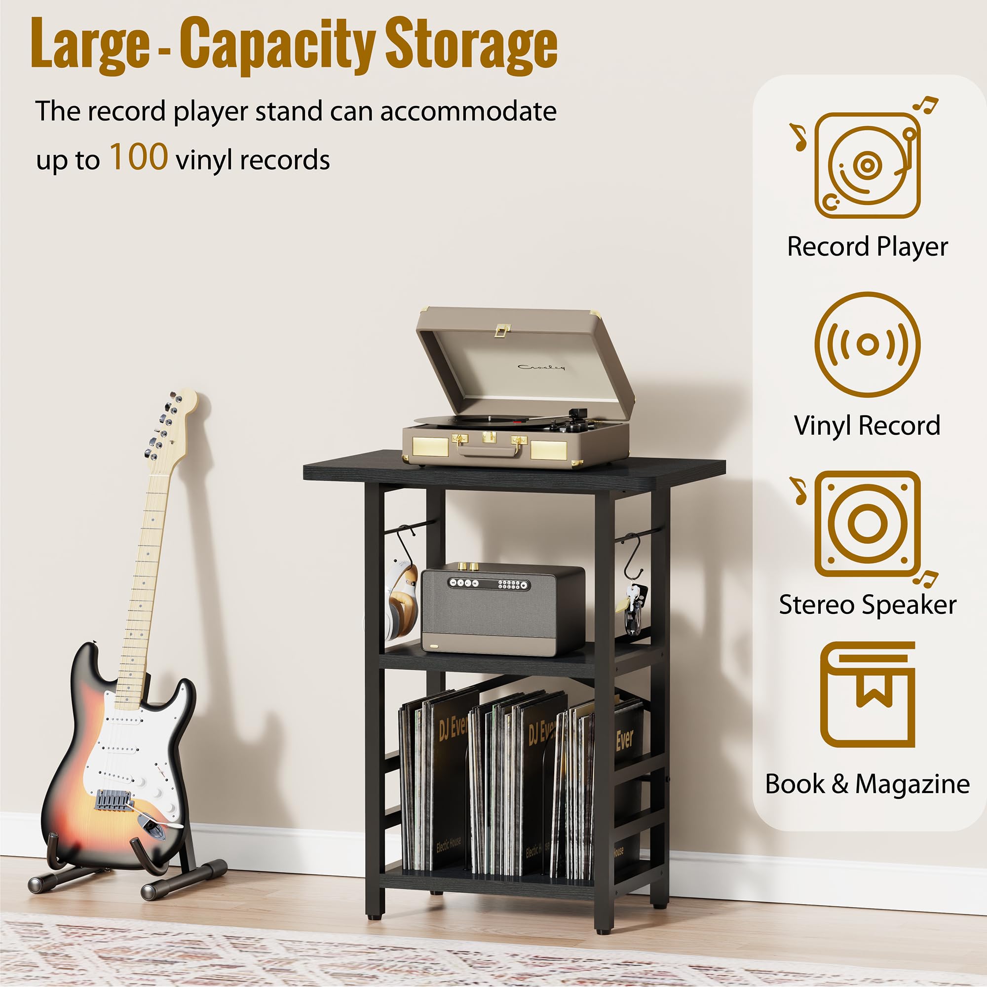 YAKANJ turntable stand with vinyl storage displays records and keeps them organized.