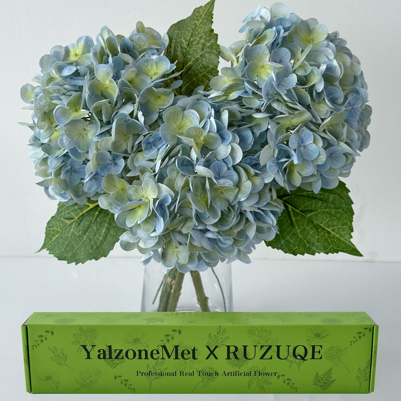 YalzoneMet 3 PCS light blue-green hydrangea close-up with realistic latex petals for wedding decor