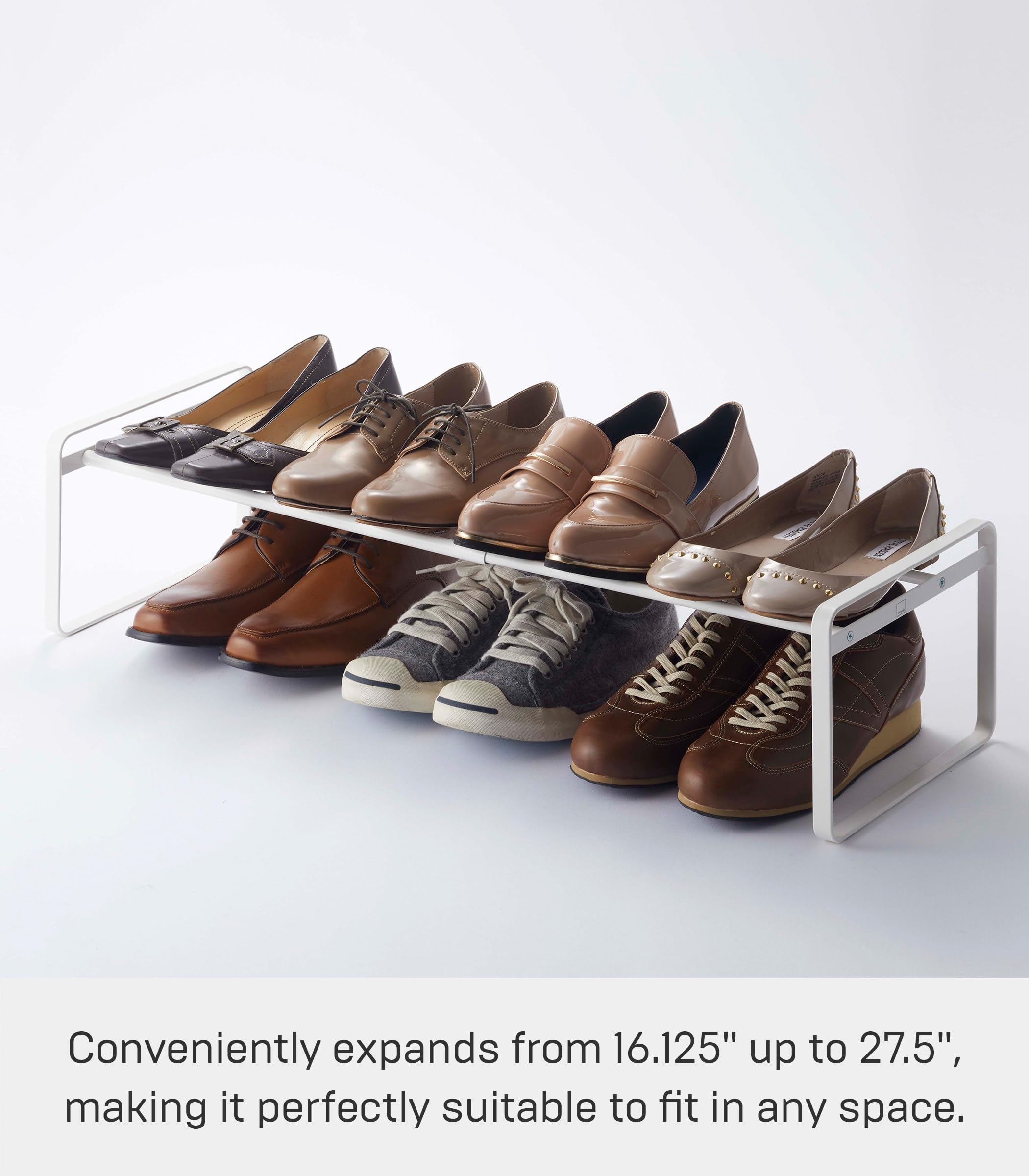 Yamazaki Home Frame shoe rack top view shows open steel design for easy access.