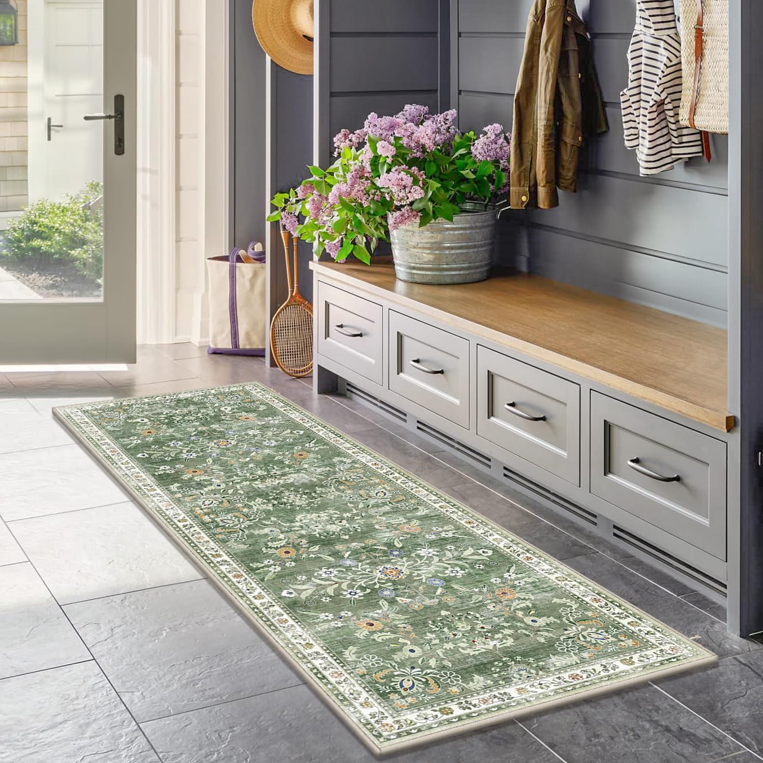 Yamaziot bedroom and hallway rug in green for versatile appeal