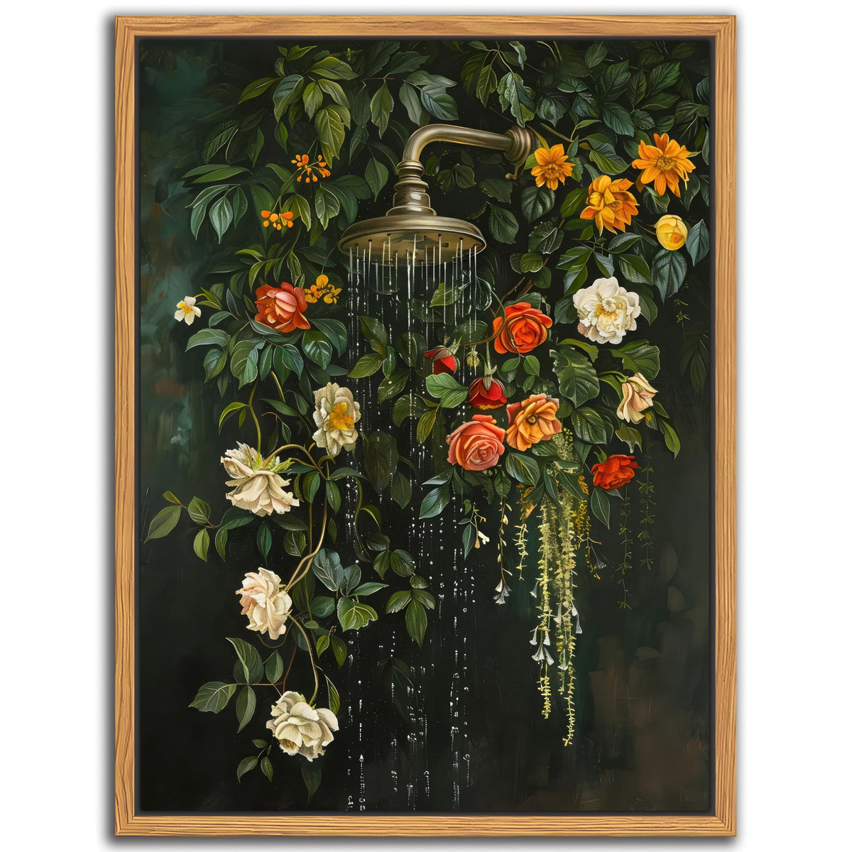 Yaneiro floating framed floral shower art with rose cascade for a spa-like bathroom ambiance.