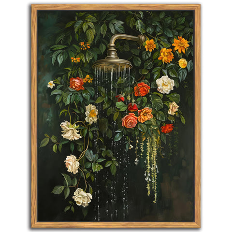 Yaneiro floating framed floral shower art with rose cascade for a spa-like bathroom ambiance.