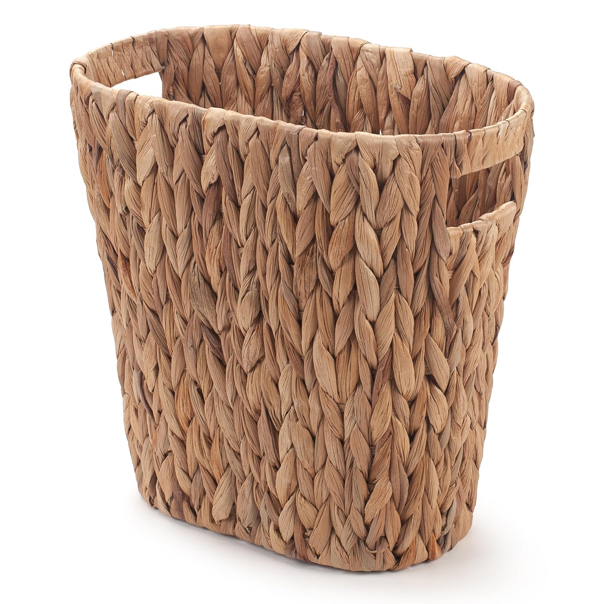 YangqiHome handwoven wicker bathroom trash can seen in a modern bathroom.