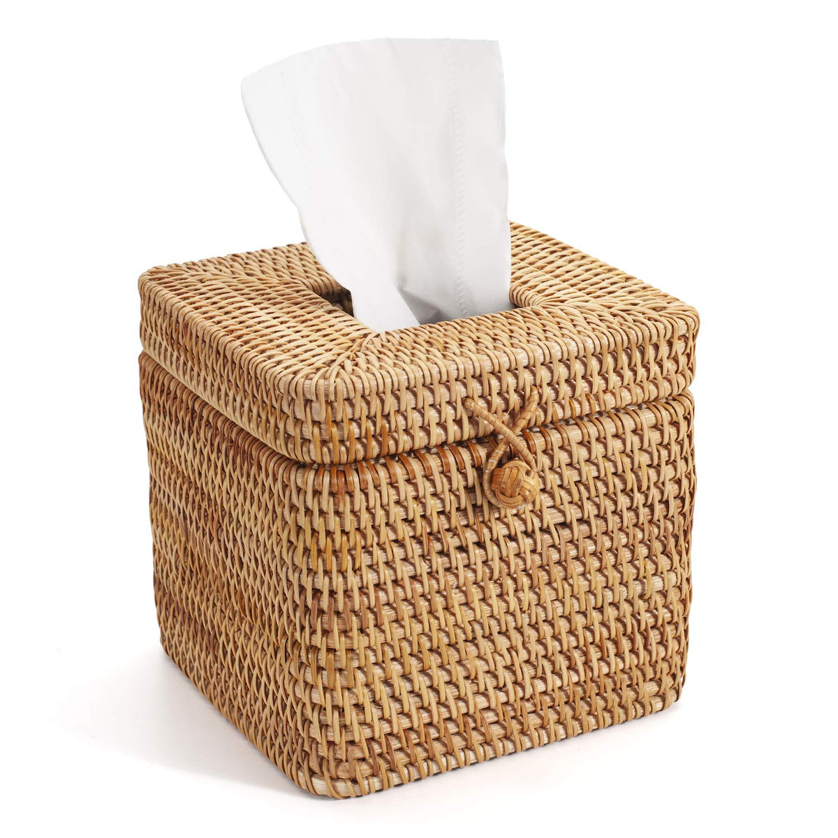 YANGQIHOME rattan square tissue box cover with top lid open, easy tissue access.