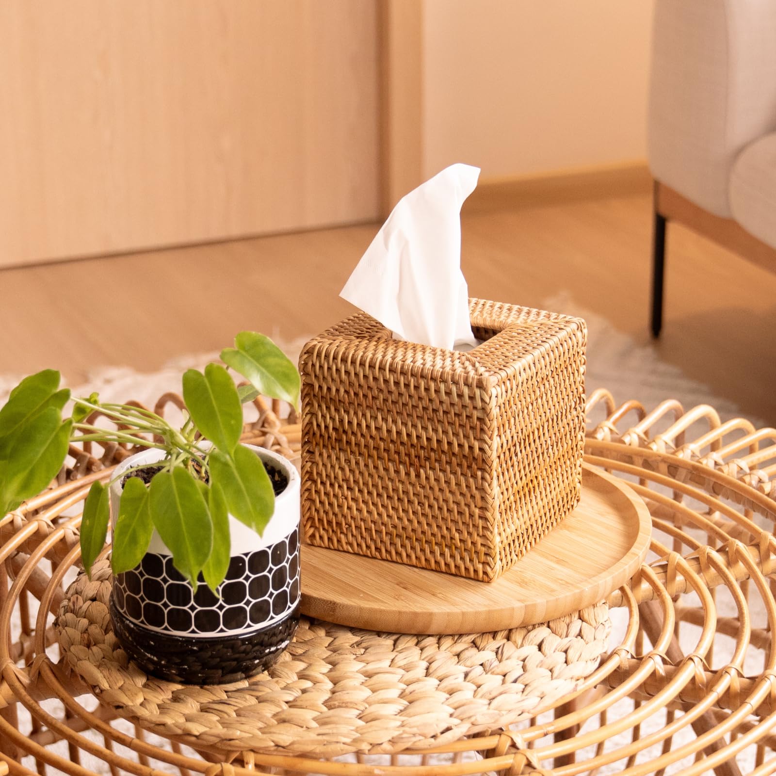 YANGQIHOME rattan tissue box cover close up weave shows handcrafted texture