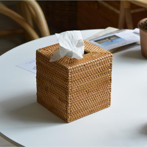 Living room setup with YANGQIHOME rattan tissue box cover two-pack