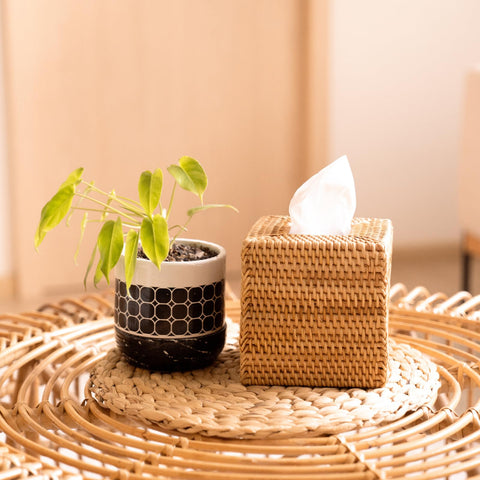 YANGQIHOME rattan tissue box cover side view highlights open bottom for easy refills