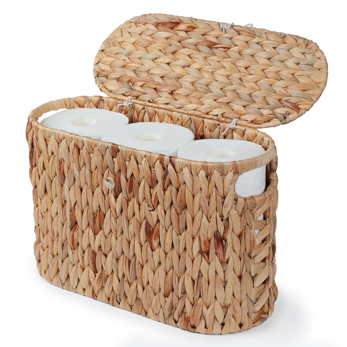 YANGQIHOME toilet paper storage with lid keeps rolls dry and dust-free.