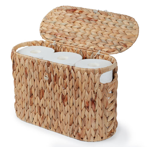 YANGQIHOME toilet paper storage with lid keeps rolls dry and dust-free.