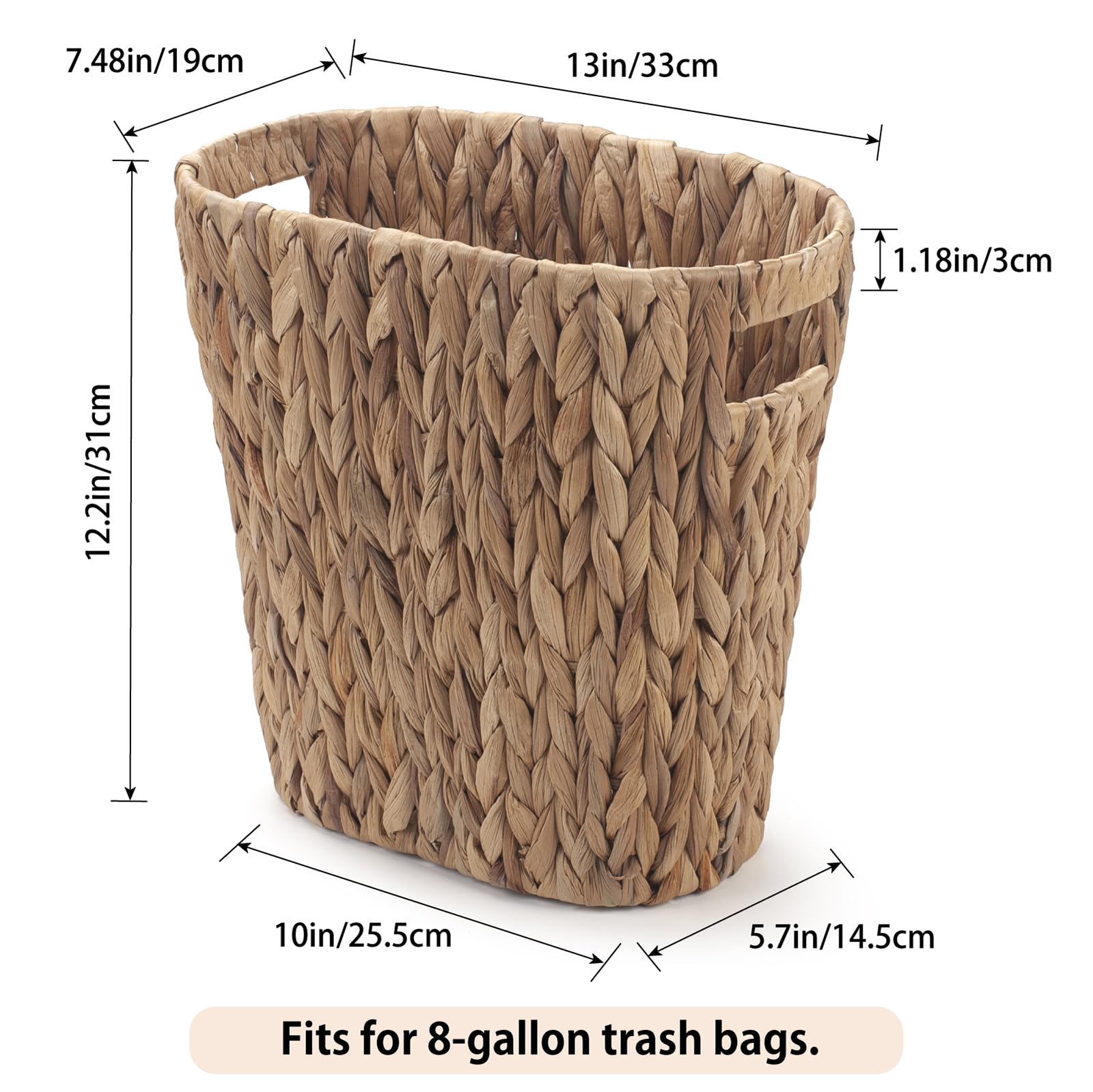 YangqiHome water hyacinth wicker waste basket styled on a shelf.