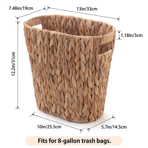 YangqiHome water hyacinth wicker waste basket styled on a shelf.
