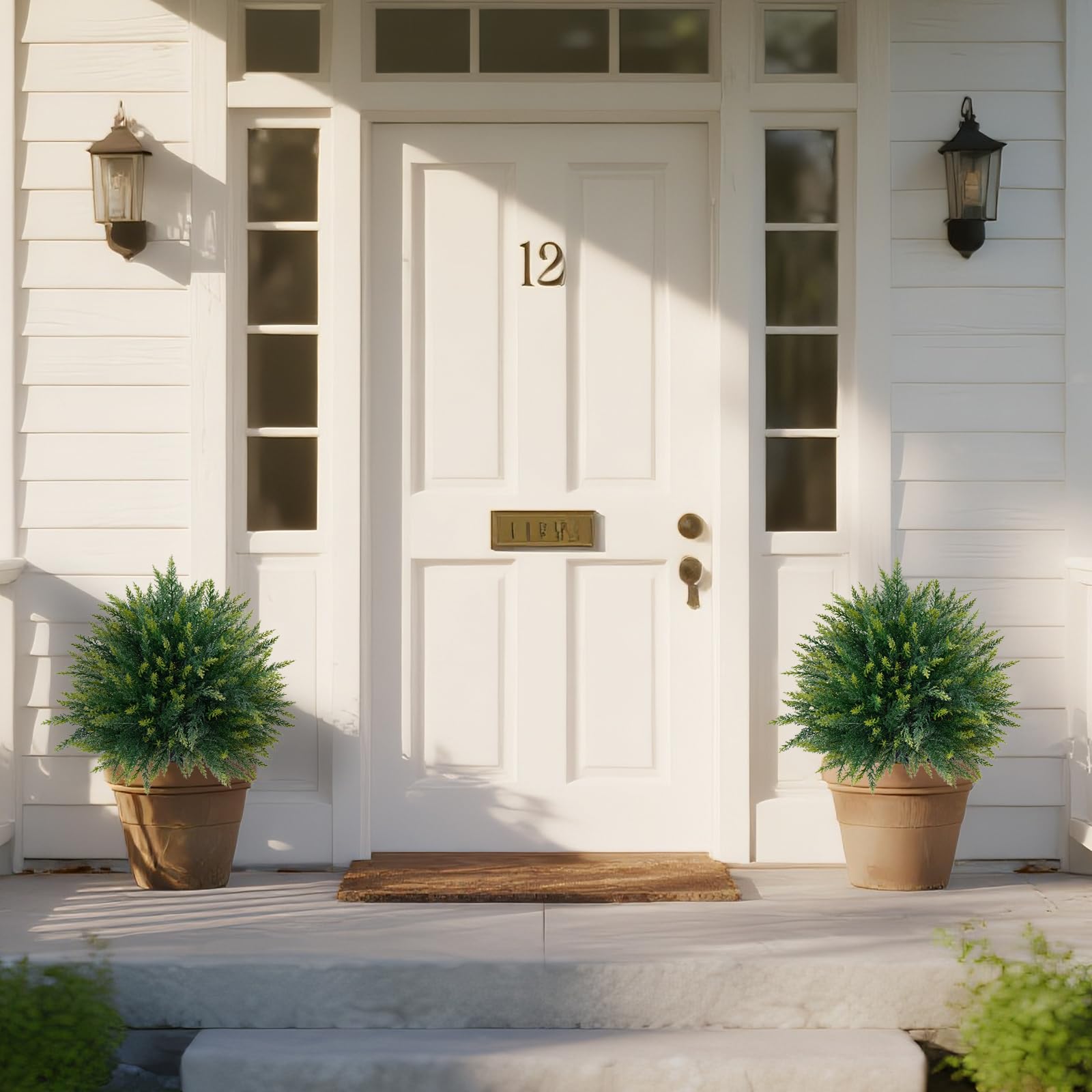 Yangrass artificial cedar topiary close-up shows dense foliage for lifelike curb appeal.