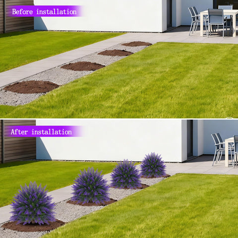 Two-pack Yangrass lavender topiary adds elegant entryway greenery.