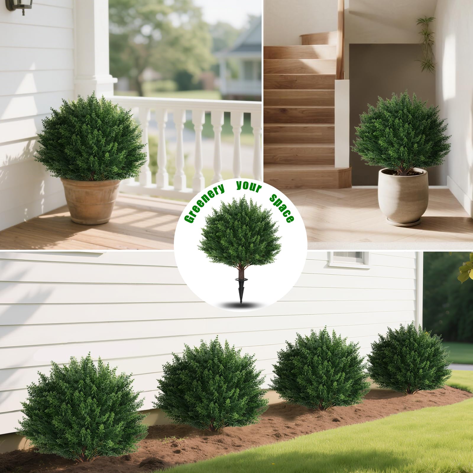 Yangrass outdoor cedar topiary ball in porch setting, evergreen year-round appeal.