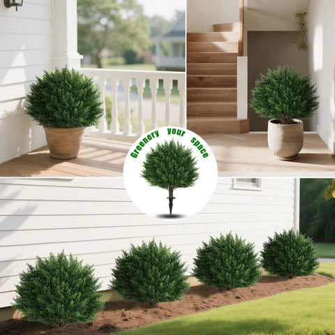 Yangrass outdoor cedar topiary ball in porch setting, evergreen year-round appeal.
