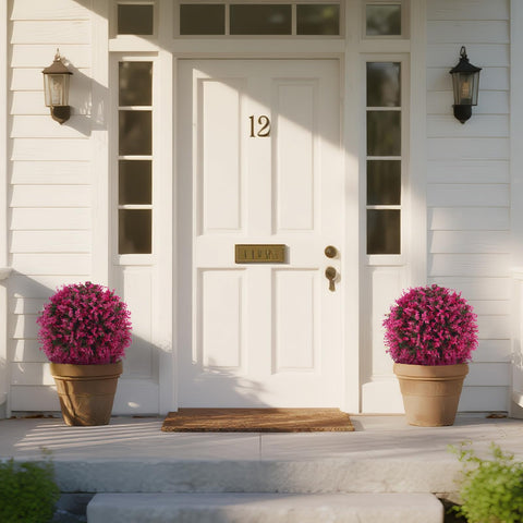 Yangrass pink eucalyptus topiary ball with ground spike, ideal for durable outdoor greenery.