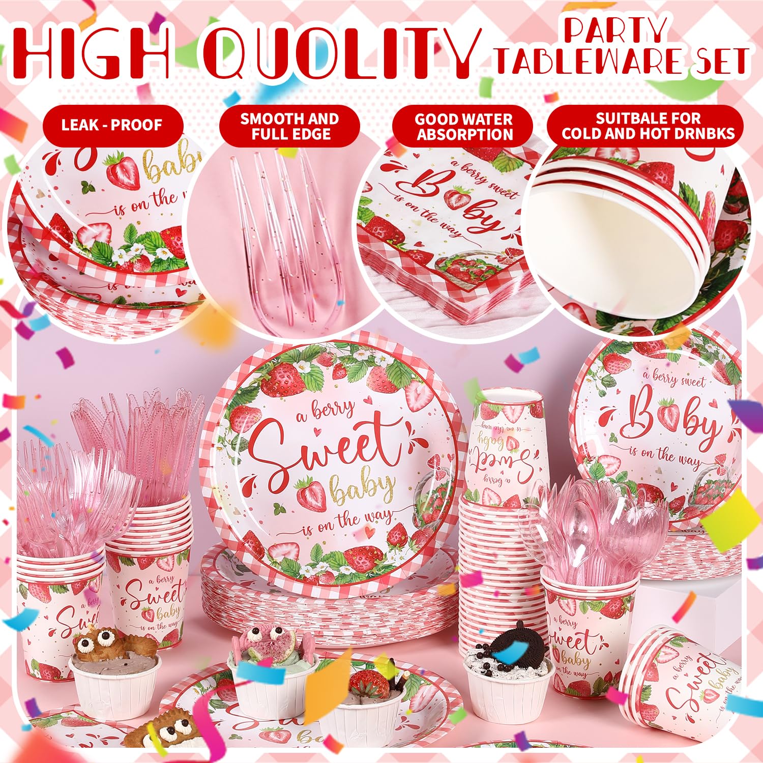 Yaniio Berry Sweet Baby cups with strawberry motif for easy serving and cleanup.