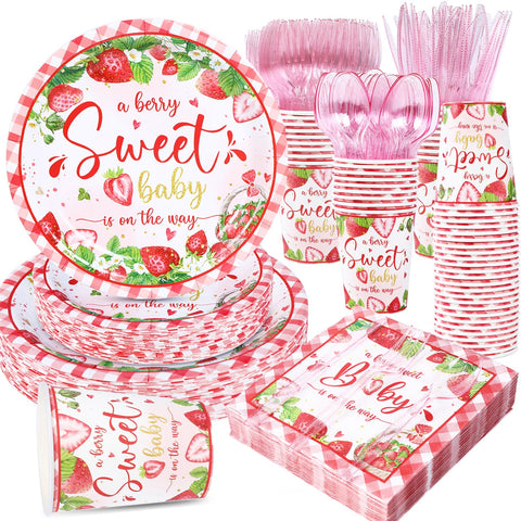 Yaniio Berry Sweet Baby dinner plates with strawberry motif for cohesive shower ambiance.