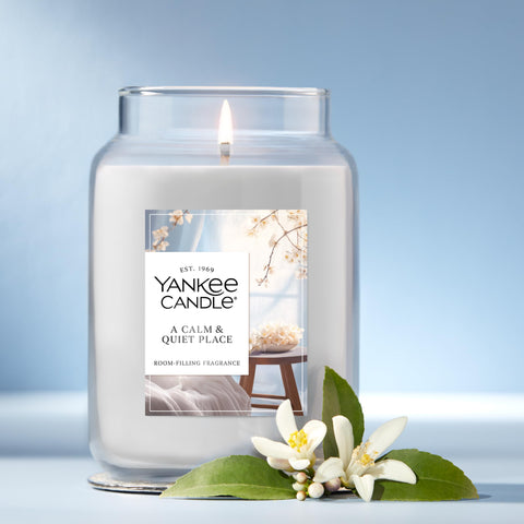 Yankee Candle A Calm Quiet Place lit jar used as centerpiece for gatherings