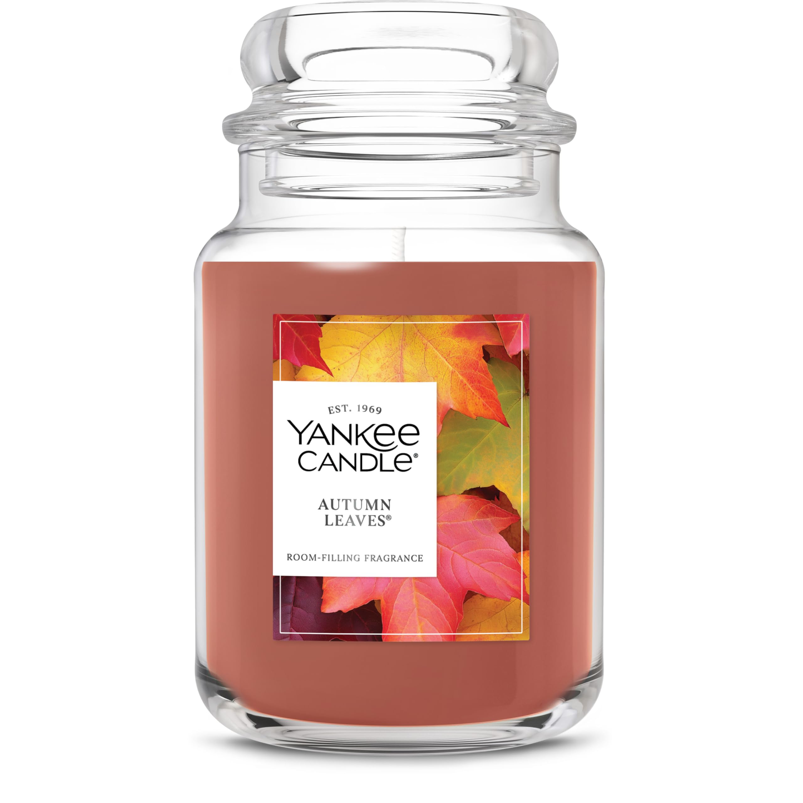 Yankee Candle Autumn Leaves jar front view emitting warm autumn ambiance