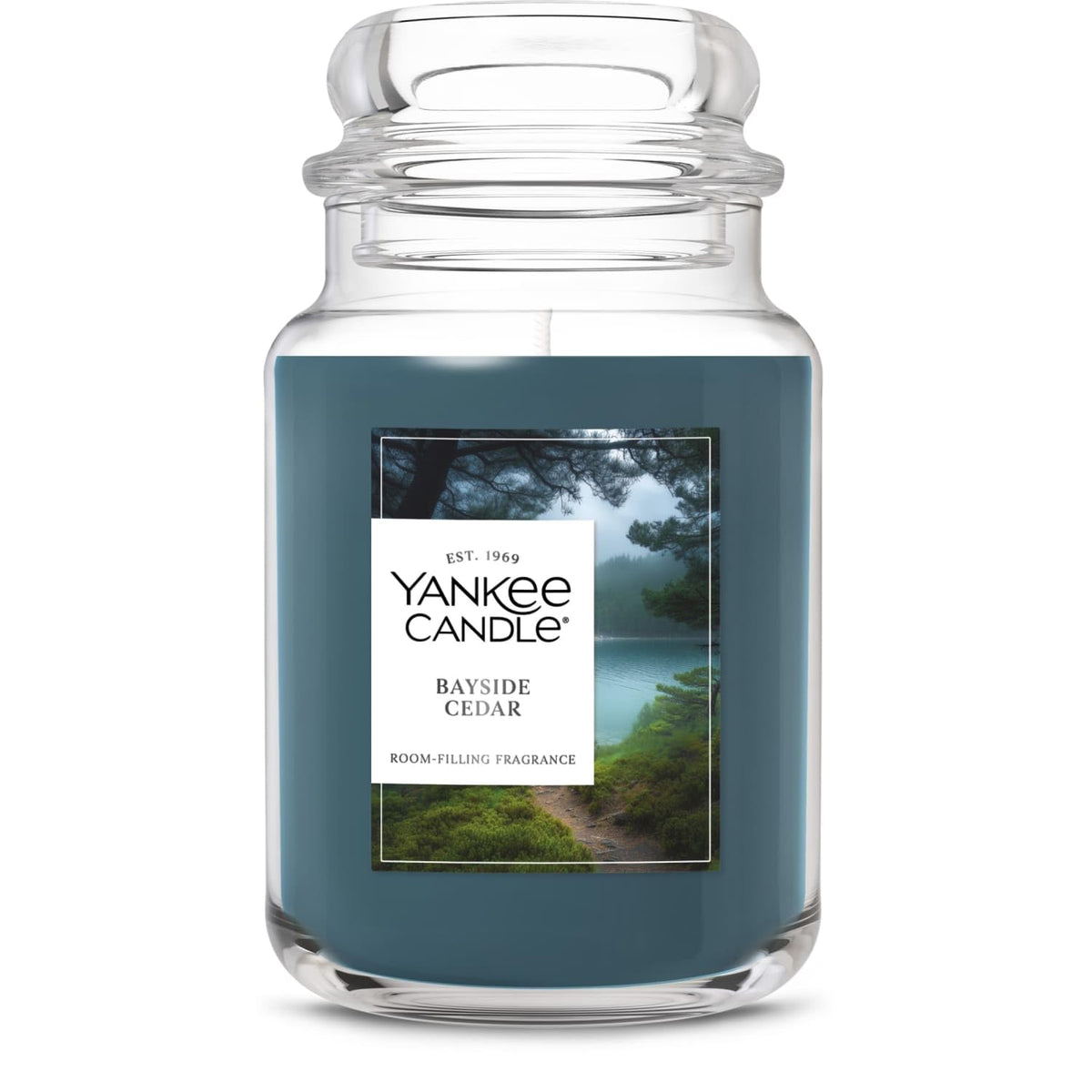 Yankee Candle Bayside Cedar jar closeup highlighting premium wax blend for steady fragrance