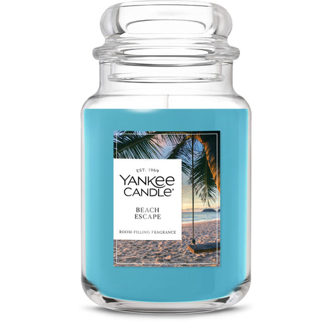 Yankee Candle Beach Escape jar front showing authentic coastal fragrance for inviting rooms.