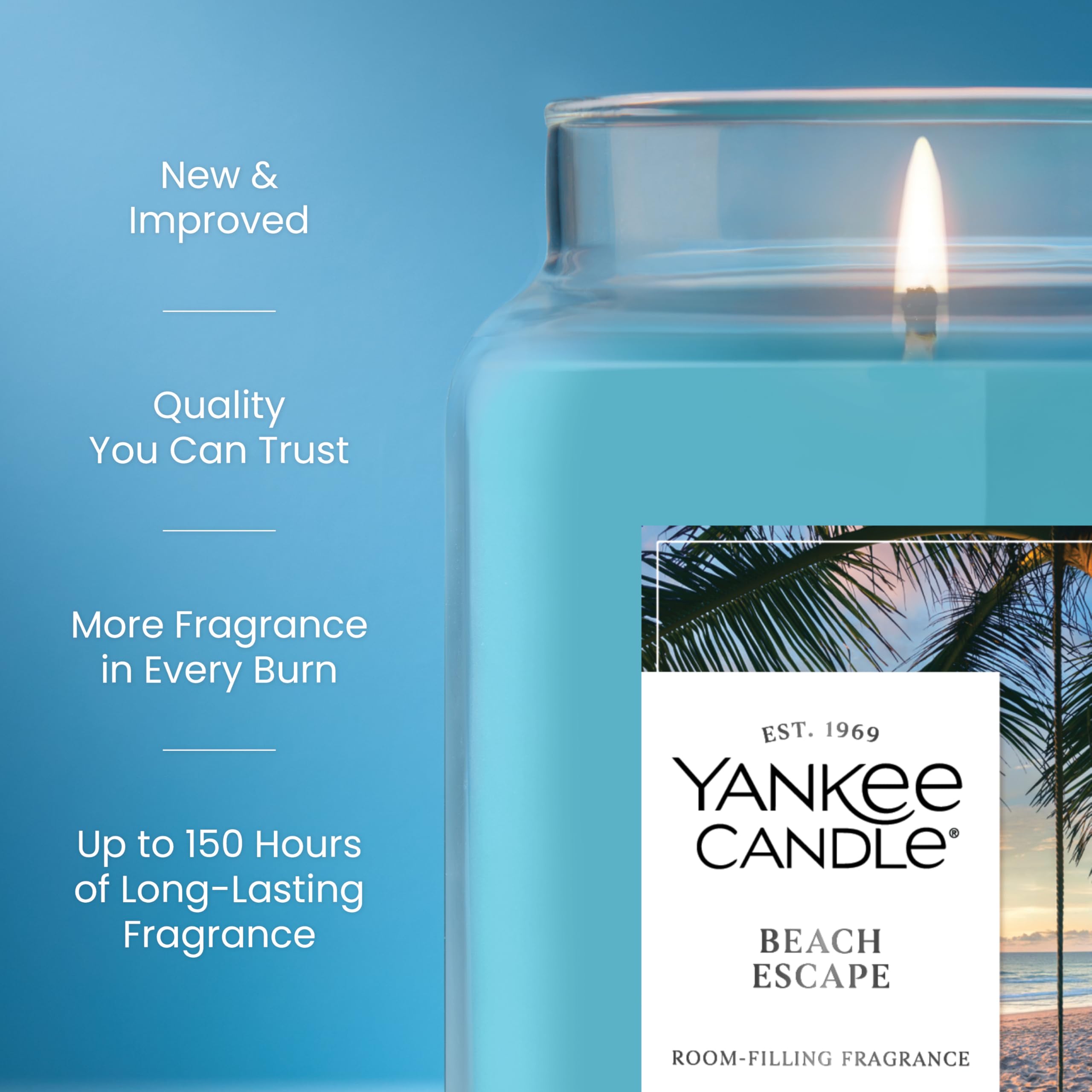 Beach Escape plant-wax blend indicating cleaner burn and consistent scent.