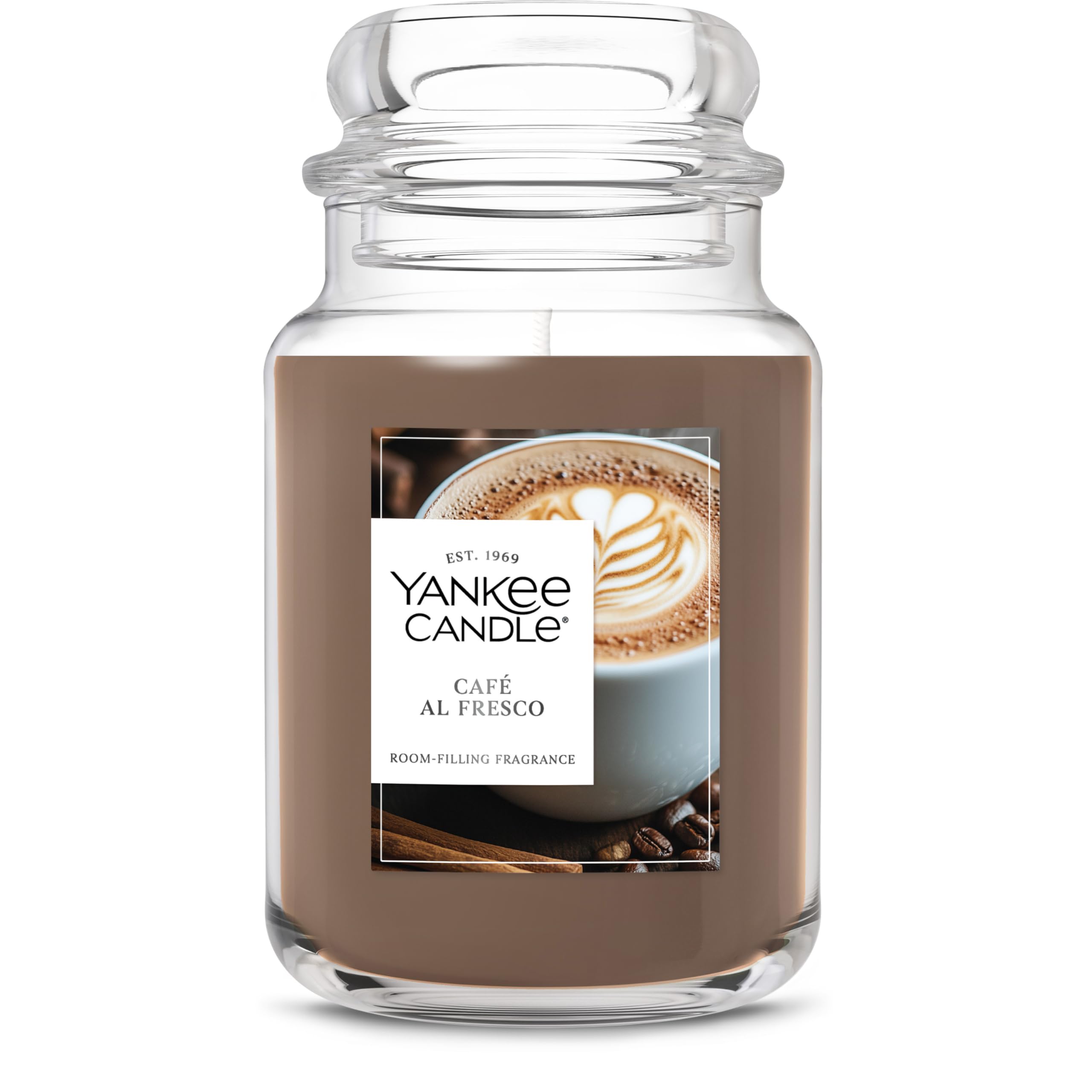 Yankee Candle Café Al Fresco jar on shelf delivering long-lasting fragrance