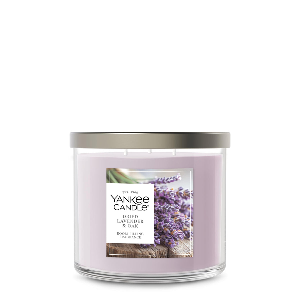 Yankee Candle Dried Lavender & Oak jar view with three-wick setup for even fragrance