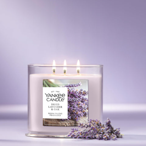 Yankee Candle Dried Lavender & Oak lit candle displaying brightness and ambiance